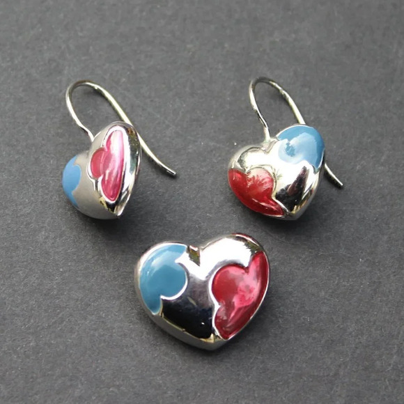 Vtg Heart Jewelry Gift Set Pendant, Chain, and Earrings - .925 STERLING silver - Picture 1 of 4